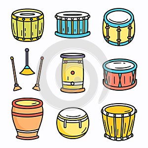 Collection colorful percussion instruments including drums, bongos, drumsticks, drum uniquely