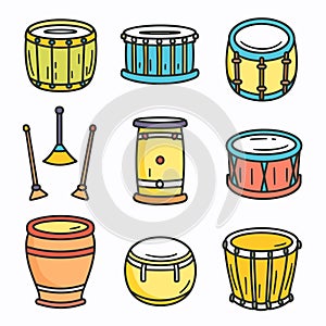 Collection colorful percussion instruments including drums, bongos, drumsticks, drum uniquely photo
