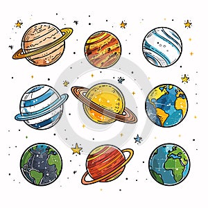 Collection colorful planets stars space cosmic celestial bodies handdrawn. Cartoon style solar photo