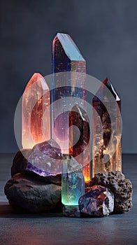 Collection of colorful quartz crystals displayed on wooden surface captured in dramatic studio lighting for a refined