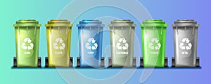 Collection of the colorful recycling bins. Vector illustration showing few sorting cans with recycling symbols.