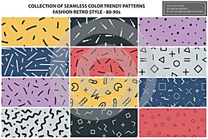 Collection of colorful repeatable trendy patterns. Retro style - fashion 80-90s. Textile mosaic textures - endless