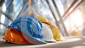 The collection of colorful safety helmets on a construction site interior. AI generated image