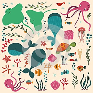 Collection of colorful sea and ocean animals, whale, octopus, stingray, jellyfish, turtle, coral