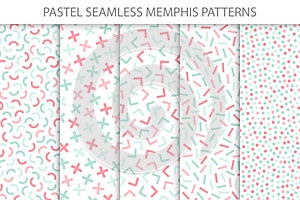 Collection of colorful seamless memphis patterns. Soft colors - delicate design.