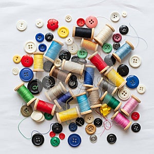 Collection of colorful sewing threads and buttons displayed on a