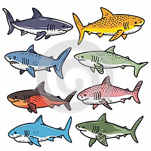Collection colorful sharks, various species illustrations. Different shark types, marine life photo