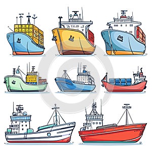 Collection colorful ships boats cartoon style. Various types vessels cargo ships fishing boats