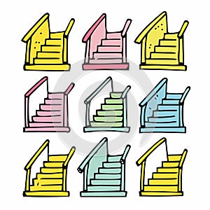 Collection colorful staircases, different hues shades, steps highlighted. Nine staircases photo