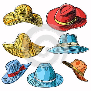 Collection colorful straw hats fashion accessories isolated white background. Handdrawn