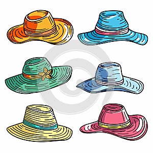 Collection colorful summer hats handdrawn, different styles fashion accessories. Womens sun hats