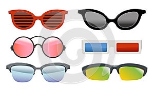Collection of Colorful Sunglasses of Different Shapes, Modern and Retro Eyeglasses, 3d Glasses Vector Illustration