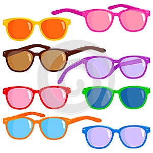 Collection of colorful sunglasses. Set of sunglasses, different trendy glasses for sun shine protection. Vector illustration