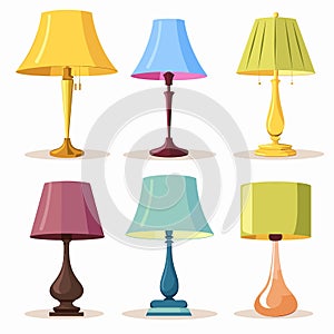 Collection colorful table lamps different styles designs home decoration. Modern classic light