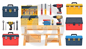 A collection of colorful toolboxes, hand tools, power drills, an