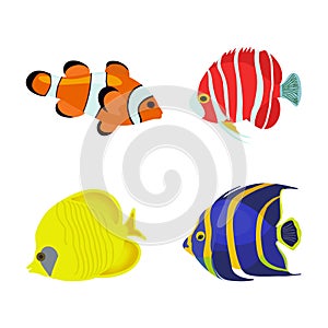 Collection of colorful tropical fish. Vector flat illustration.