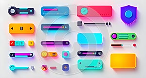 A collection of colorful user interface elements against a light gray background.