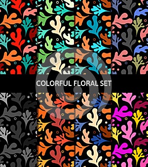 Collection of colorful variations of an abstract floral seamless pattern on black background