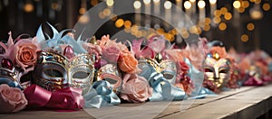 A collection of colorful Venetian masks and golden goblets, evoking a festive and mysterious masquerade ambiance.