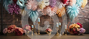 A collection of colorful Venetian masks and golden goblets, evoking a festive and mysterious masquerade ambiance.