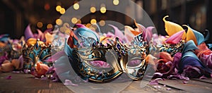 A collection of colorful Venetian masks and golden goblets, evoking a festive and mysterious masquerade ambiance.