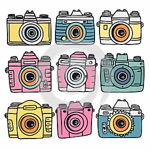 Collection colorful vintage cameras handdrawn illustration. Artistic representation retro photo