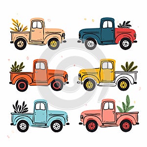 Collection colorful vintage pickup trucks carrying plants, handdrawn style, isolated white