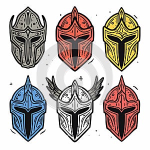 Collection colorful warrior helmets design, medieval knight headgear battle, fantasy gaming icons