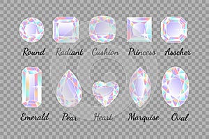 Collection of coloured shining diamonds of different shapes on a transparent grey background. Vector