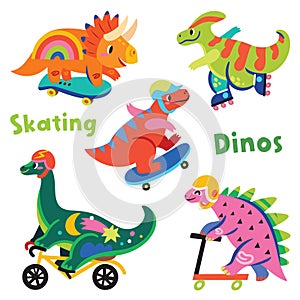Collection with colourful cartoon dinosaurs ride on skates, rollers and bicycle