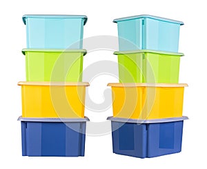 Collection of colourful containers stacked one on another