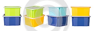 Collection of colourful containers stacked one on anothert