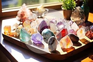 collection of colourful healing crystals on sunlit table