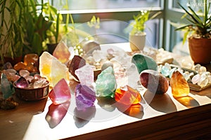 collection of colourful healing crystals on sunlit table