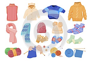 Collection of comfortable knitted things vector flat illustration warm comfy accessories and garment