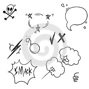 Collection of comic elements doodle. comic elements cartoon isolated on white background.vector