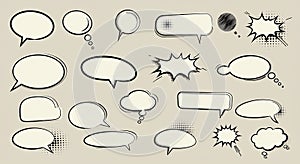 A collection of comic-style speech and thought bubbles in various shapes and