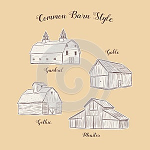 Collection of common barn style, hand draw sketch vector.