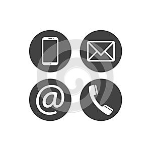 Collection of communication symbols. Contact, e-mail, mobile phone, message icons. Flat circle buttons. Vector illustration