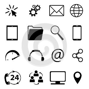 Collection of communication symbols. Contact, e-mail, mobile phone, message, wireless technology icons etc. Vector illustration