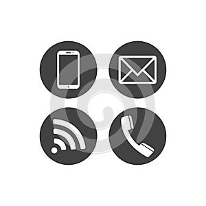 Collection of communication symbols. Contact, e-mail, mobile phone, message, wireless technology icons. Flat circle buttons. Vecto
