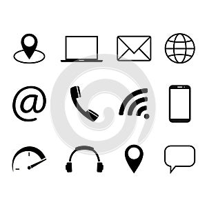 Collection of communication symbols. Contact, e-mail, mobile phone, message, wireless technology icons. Vector illustration