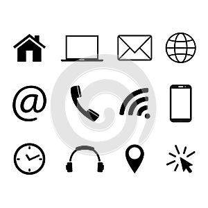 Collection of communication symbols. Contact, e-mail, mobile phone, message, wireless technology icons. Vector illustration