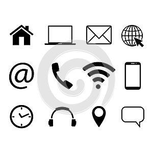 Collection of communication symbols. Contact, e-mail, mobile phone, message, wireless technology icons. Vector illustration