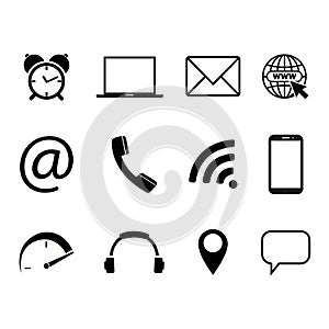 Collection of communication symbols. Contact, e-mail, mobile phone, message, wireless technology icons. Vector illustration