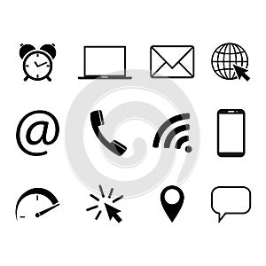 Collection of communication symbols. Contact, e-mail, mobile phone, message, wireless technology icons. Vector illustration