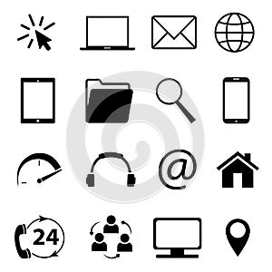 Collection of communication symbols. Contact, e-mail, mobile phone, message, wireless technology icons. Vector illustration