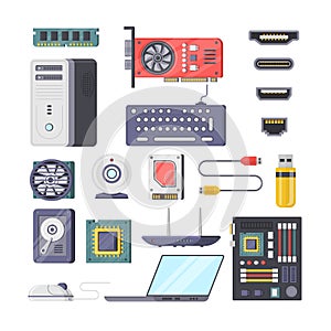 Collection computer hardware elements isometric icon vector illustration webcam, video card, SD, HDD