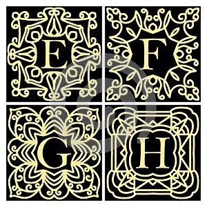 Collection of concepts for luxury monograms or logos. Emblem or frame. Set of design elements for the letters E, F, G, H. Golden i