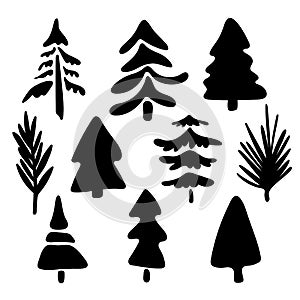 Collection of coniferous trees silhouettes. Christmas shapes of stylized trees. Needles and branches. Cartoon style and